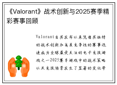 《Valorant》战术创新与2025赛季精彩赛事回顾